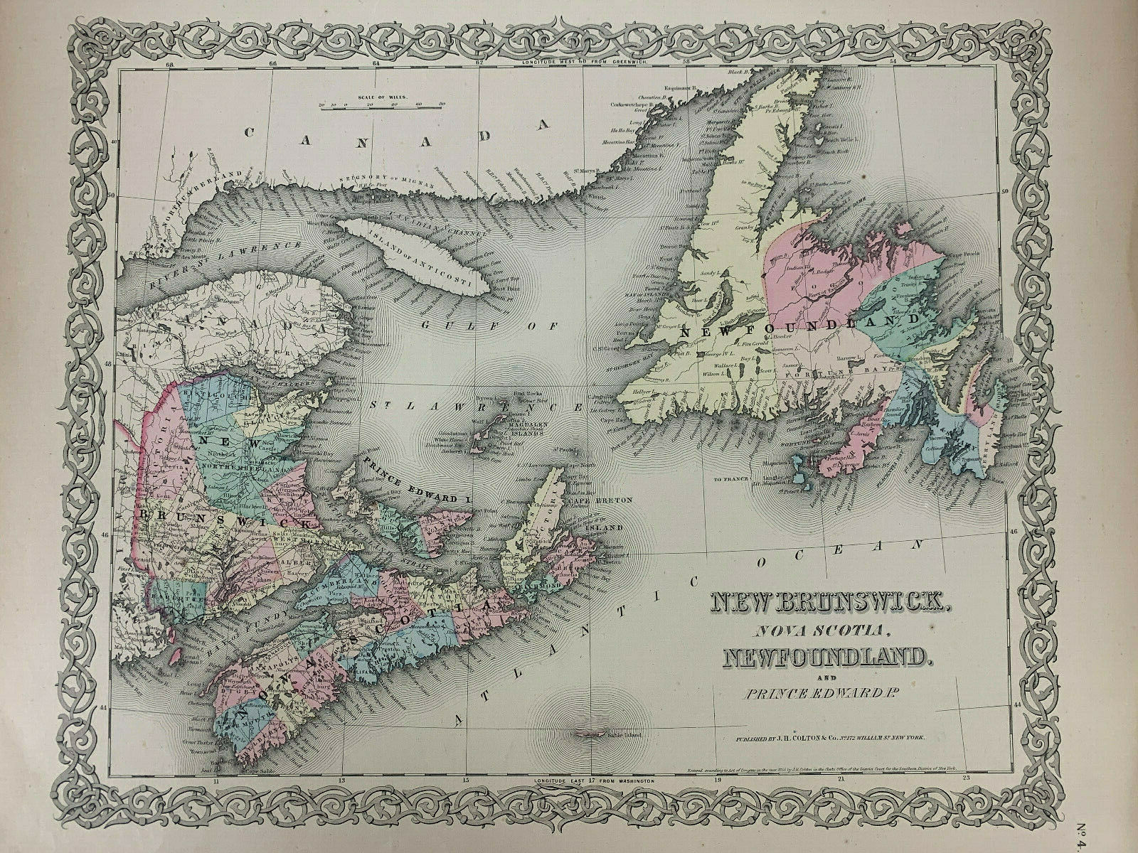1855 Antique Canada Newfoundland New Brunswick Map Hand-Colored Colton’s Atlas