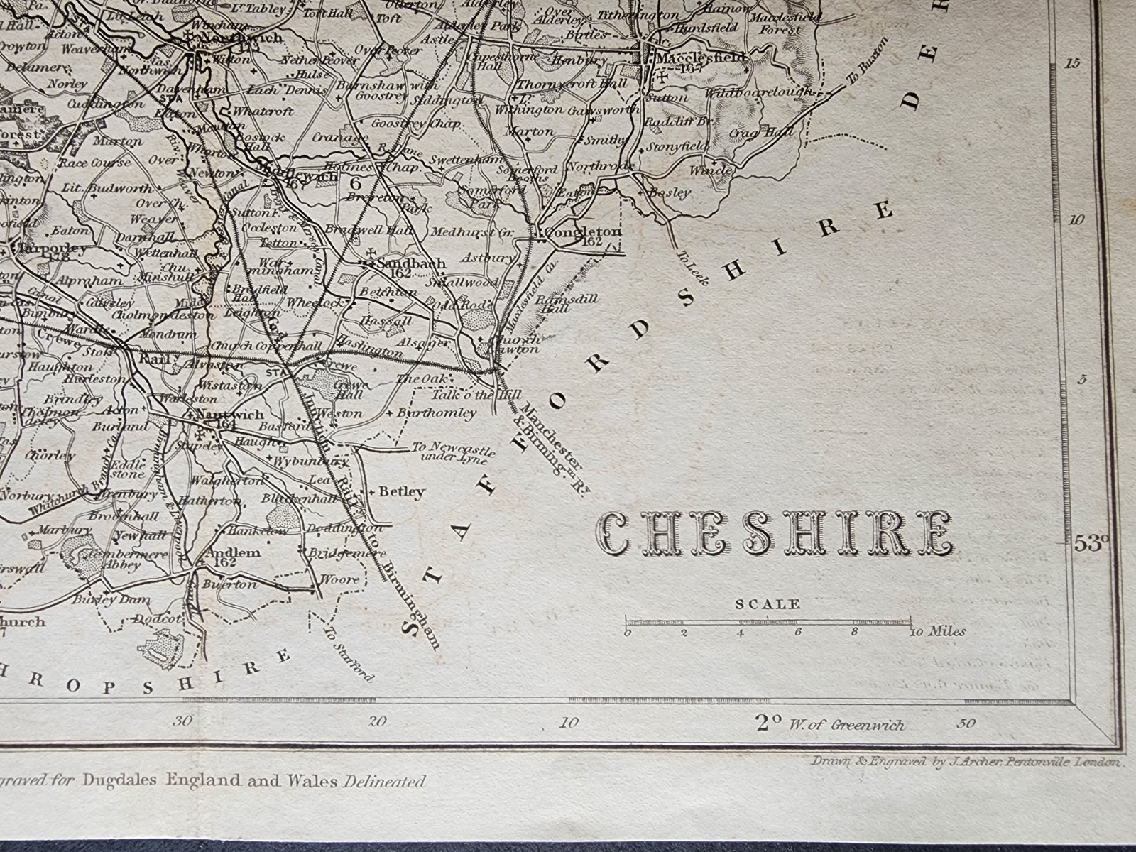 Antique c. 1850 county map – Cheshire – Joshua Archer – Chester – Wirral