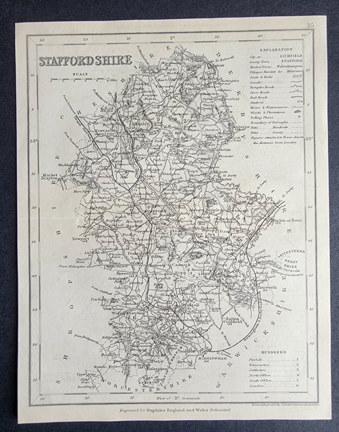 Antique c. 1850 county map – Staffordshire – Joshua Archer -Walsall – Lichfield