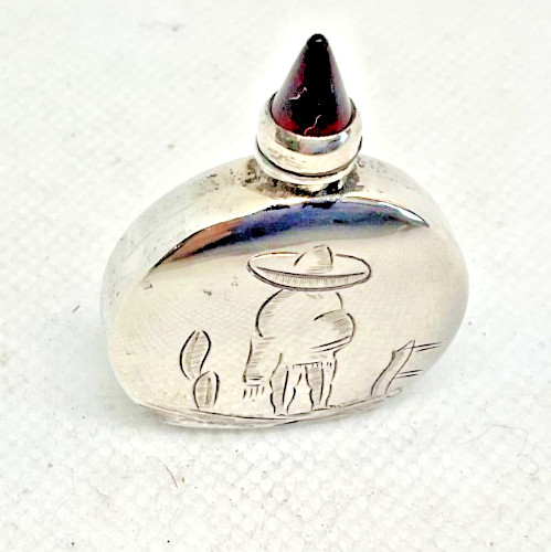 Vintage Taxco Mexico Sterling Silver Etched Figural Perfume Bottle Red Top