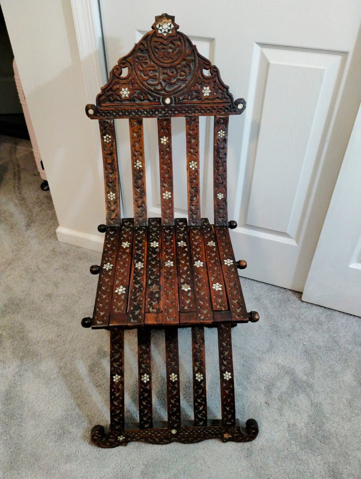 Antique Middle Eastern Moorish- folding chair with intricate foliat