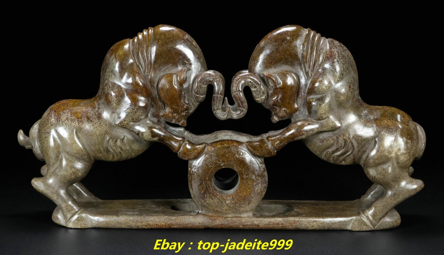 12.9″Old Han Dynasty Natural Hetian Jade Carved 2 Cattle Beast Animal Statue