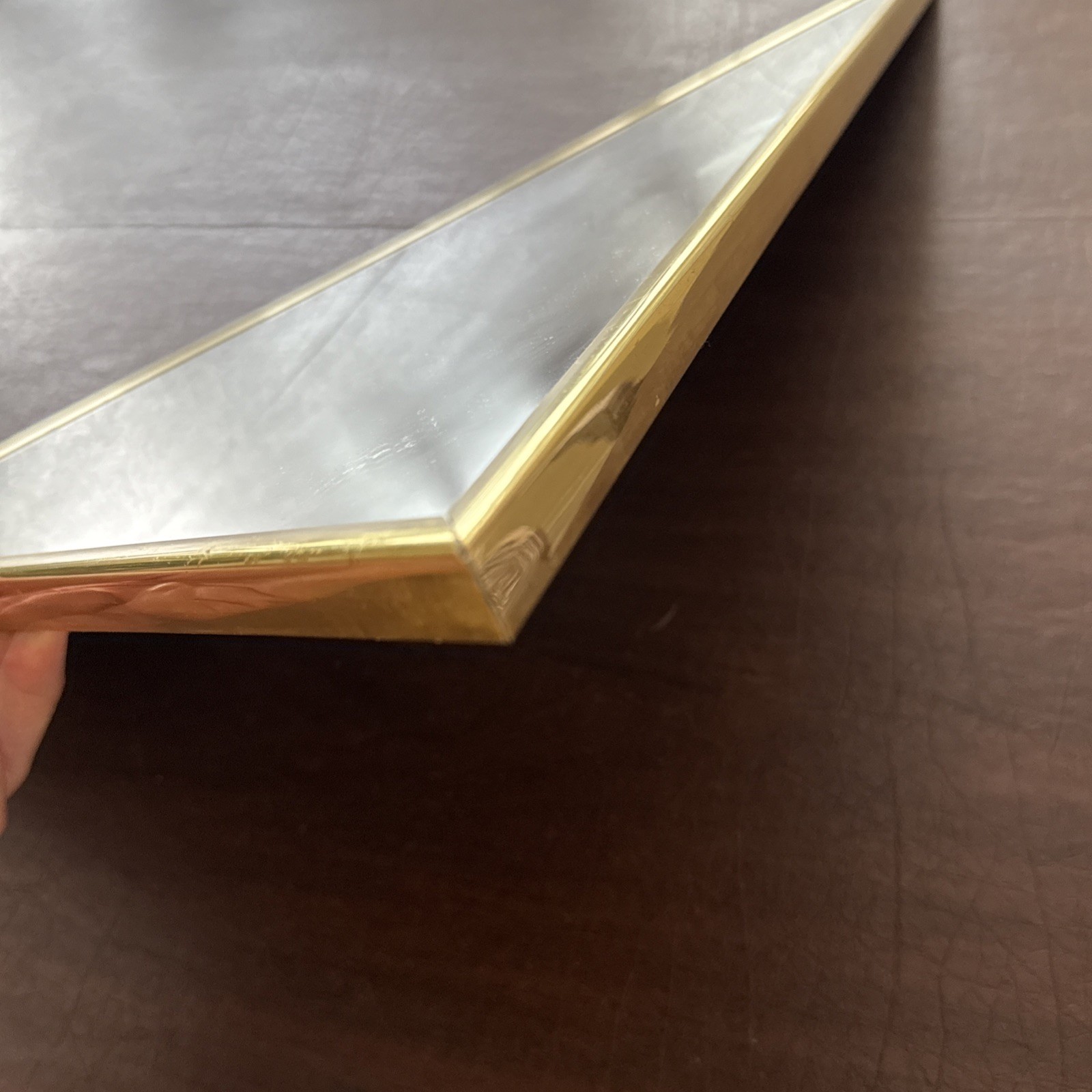 Vtg MCM Triangular Mirror With Gold Colored Metal Frame; Handmade Framing; 24” H