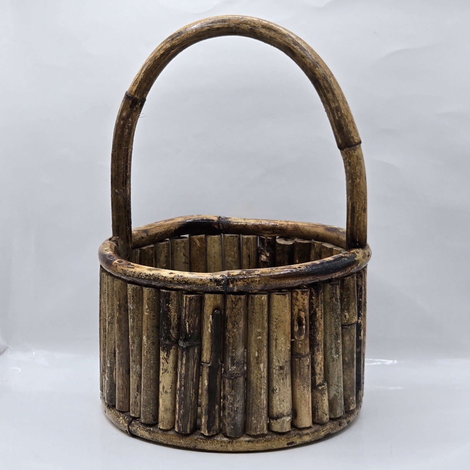 Antique Rare Bamboo Handmade Chinese Basket Unique Style Folk Art 11″H 7″D
