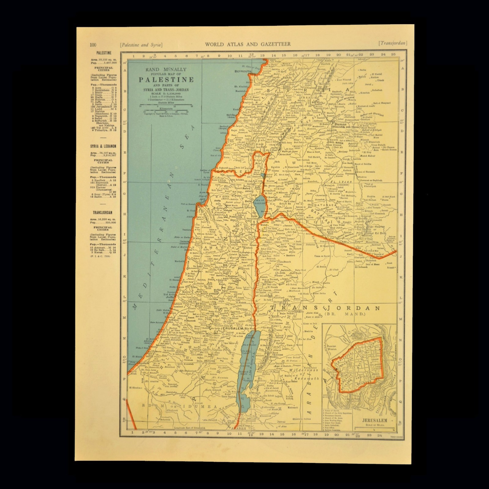 Vintage PALESTINE Map Jerusalem Israel Wall Art Holy Land Old Original Antique