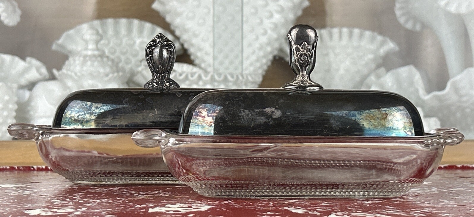 Rogers Bro Silver Plated Dome Lid & Clear Hob Nail Bubble Glass Butter Dish