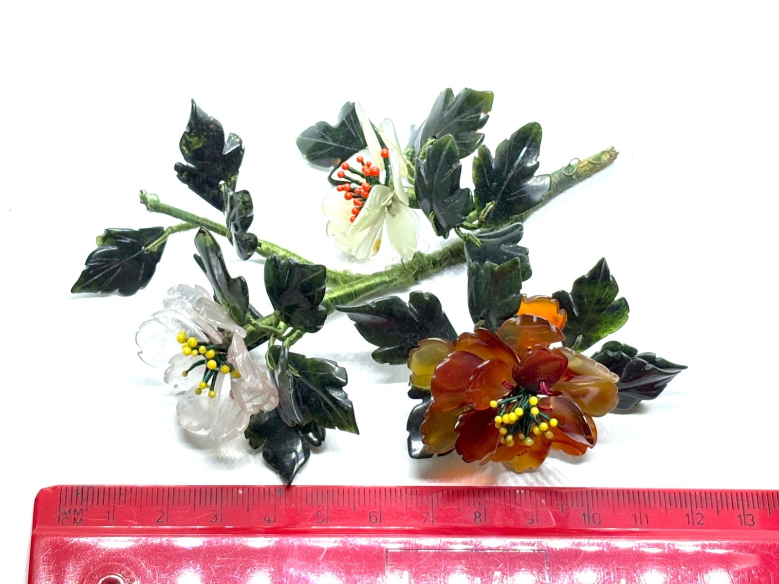 Vintage Branch Of Chinese Carved Gemstone Leaves/Flowers Jade Bonsai Tree