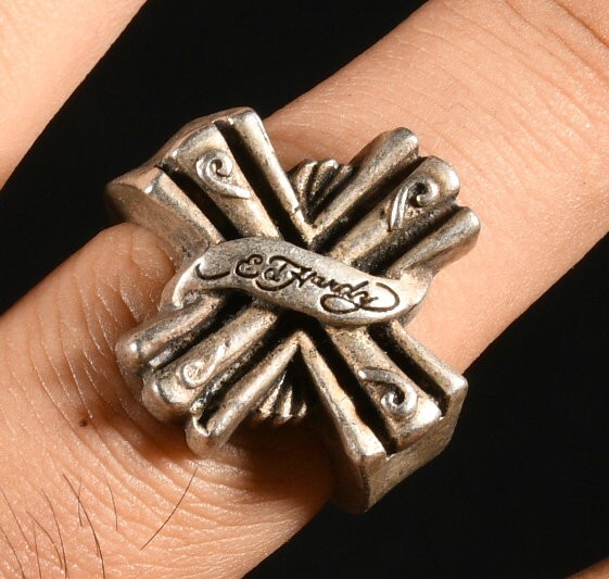 2.7CM Antique Tibet Old Silver Fengshui Cross Exorcism Blessing Ring Finger Ring