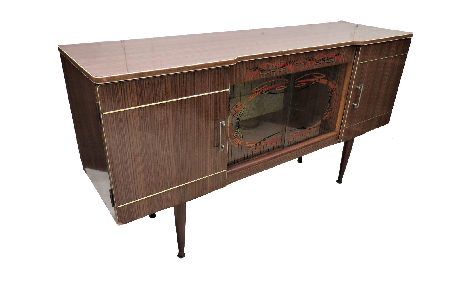 English Mid Century Formica Cocktail Bar Cabinet Sideboard Stenciled Glass MCM