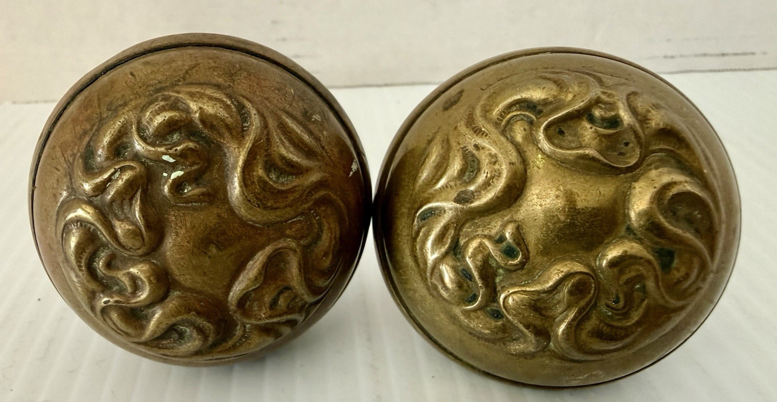 Antique Brass Door Knobs Pair Set Art Nouveau Raised Design With Steel Spindle