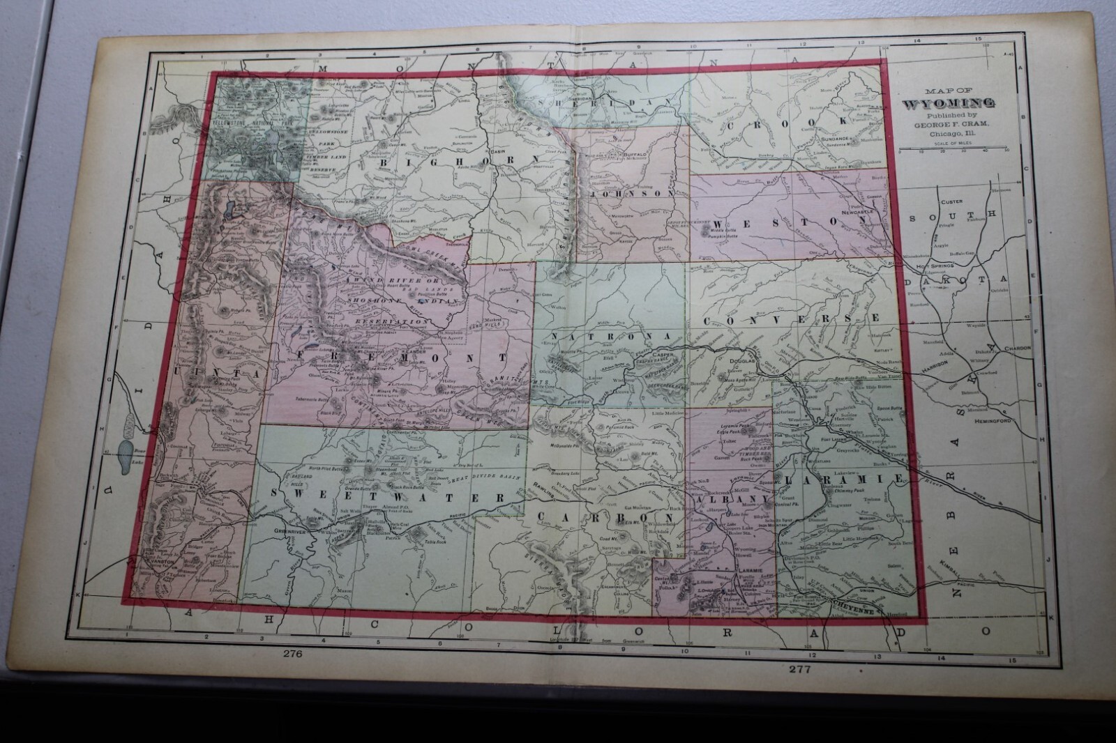 1904 Antique CRAM Map of WYOMING, b/w YELLOWSTONE NATIONAL PARK & TACOMA