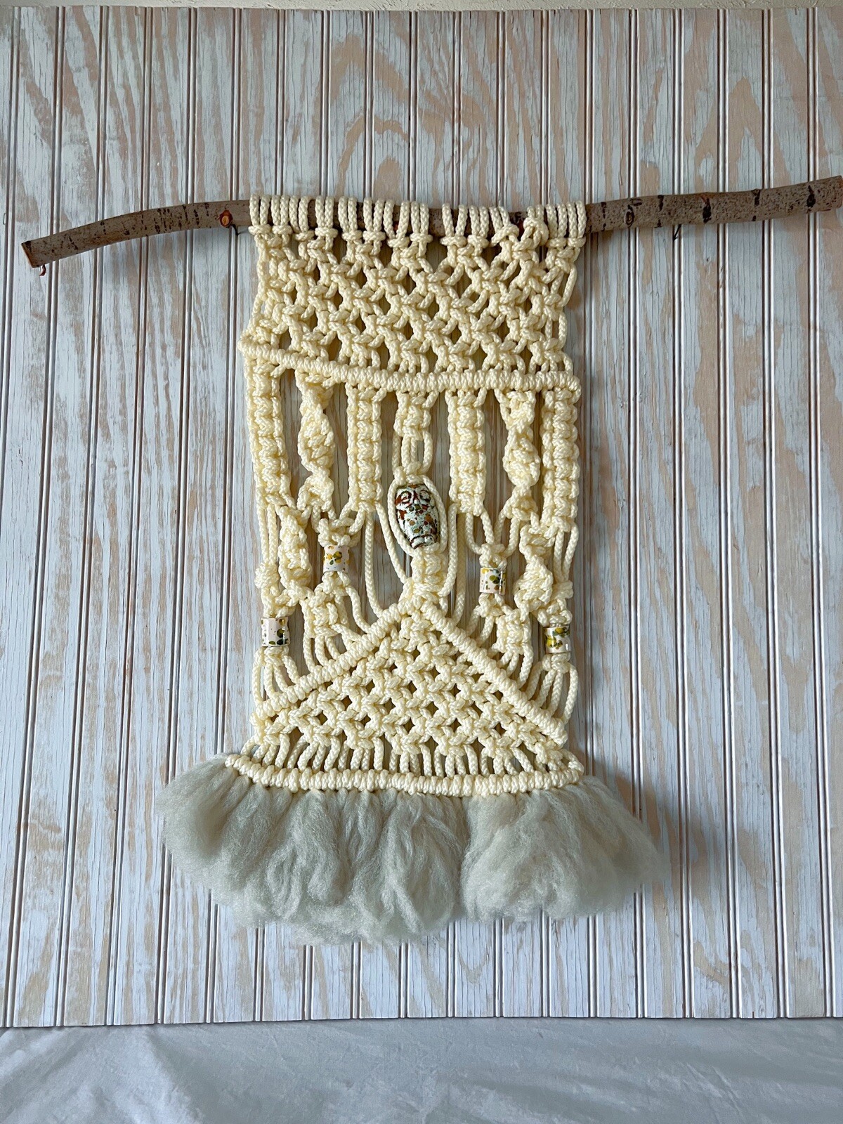Vintage Mid Century Modern Macrame Wall Art Owl Bead MCM Atomic Retro Decor