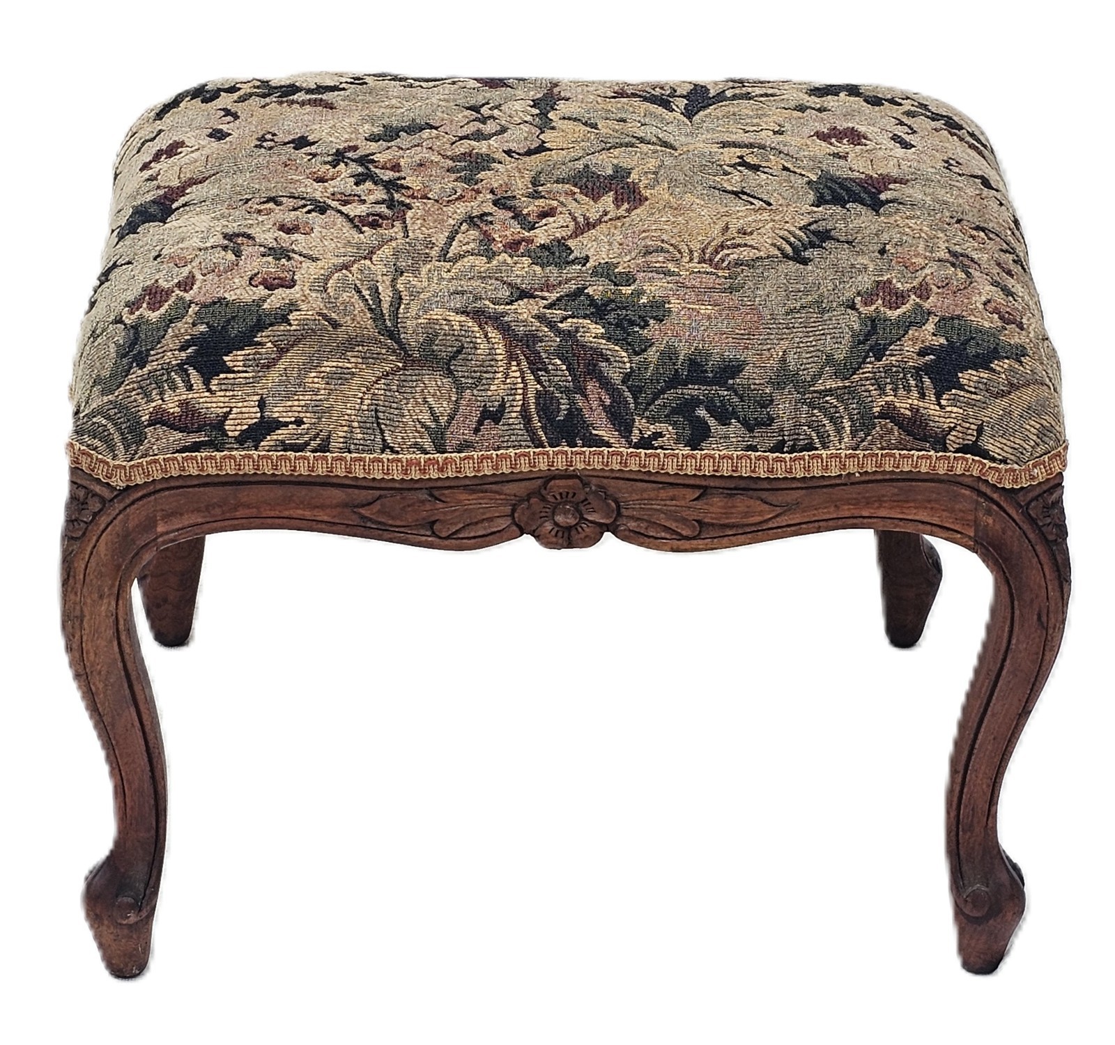 Antique French Walnut Ottoman Footstool w/ Floral Carving & Cabriole Legs 1910s