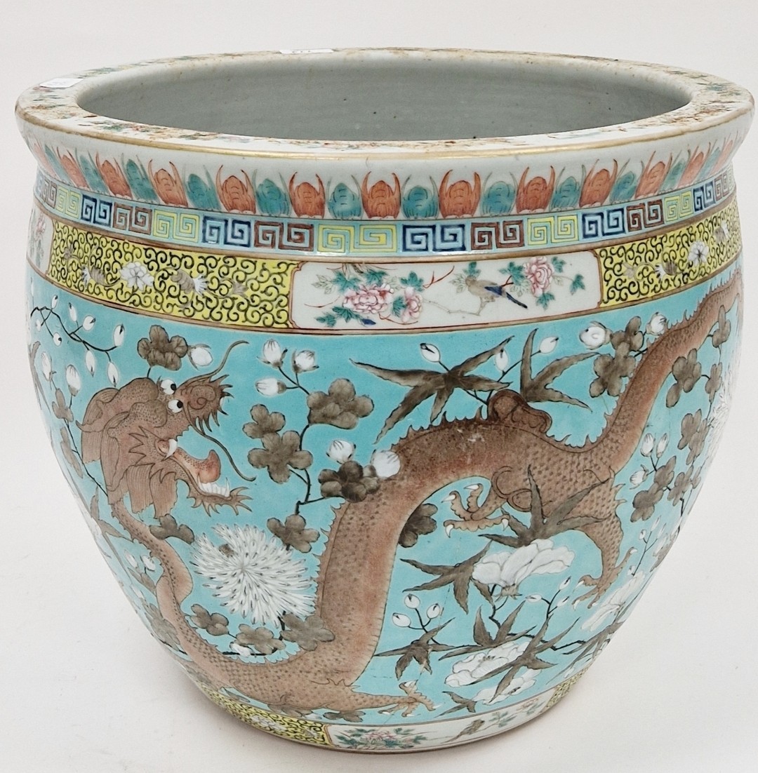 19th Century Chinese porcelain turquoise ground fish bowl,晚清广绪大雅斋风格松石绿地龙穿花大缸41cm