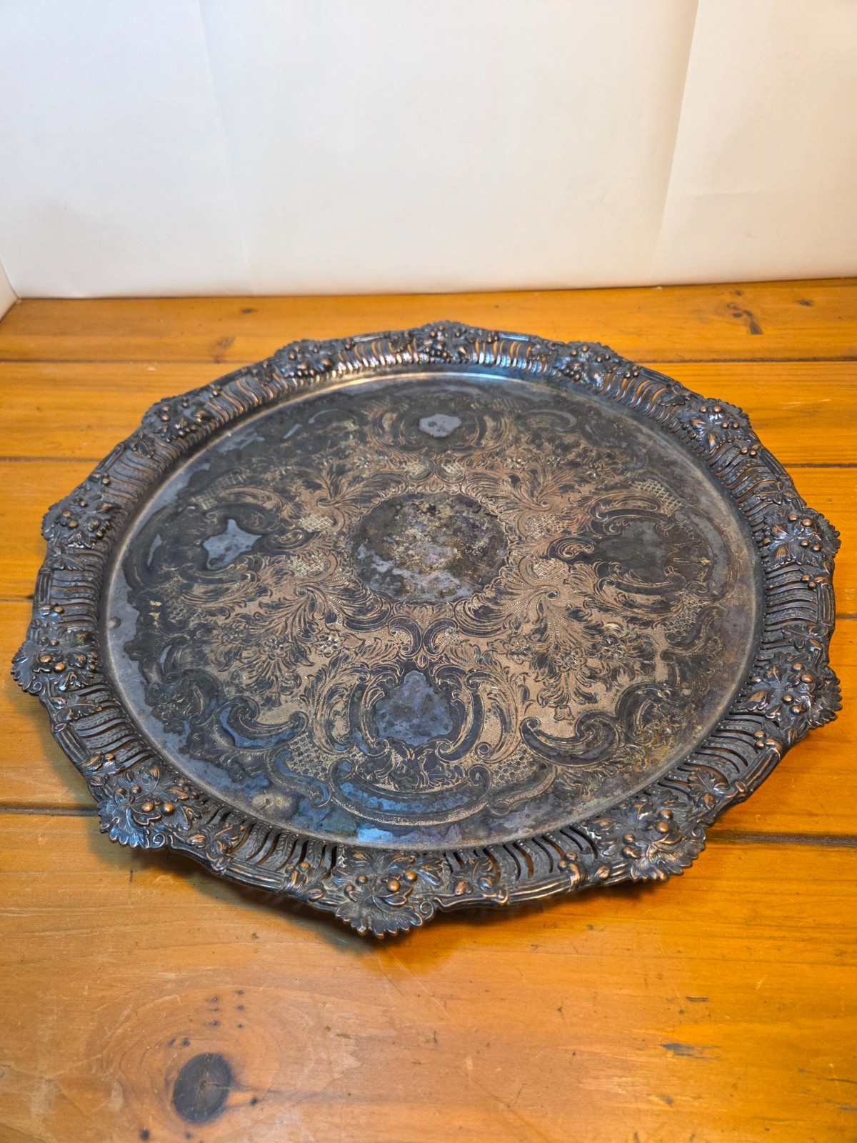 Vintage Heavy Silver Plated Copper Gallery Tray Etched Pierced Rim