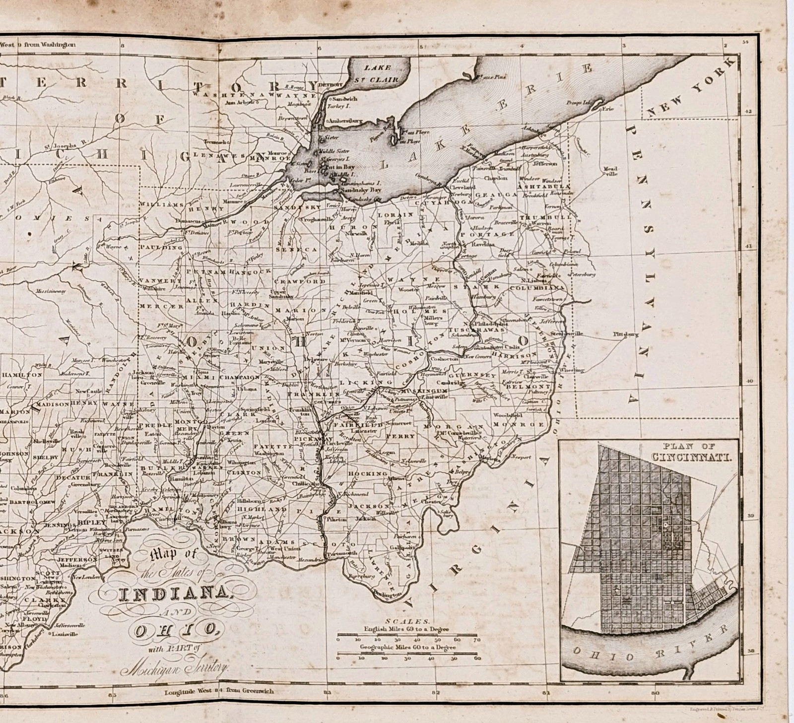 1831 OHIO – INDIANA Map HINTON Original – Michigan Territory – Plan Cincinnati