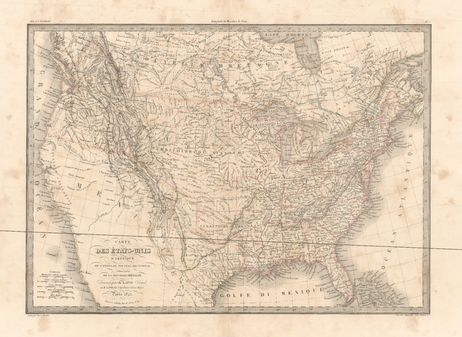 1842 Lapie Map of the United States w/ Republic of Texas, Territories