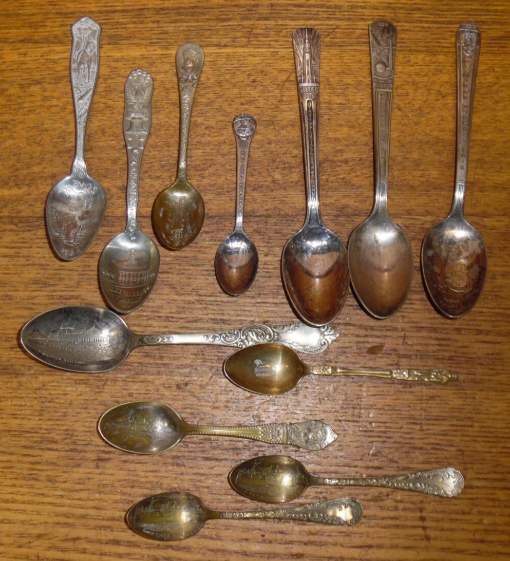 12 Assorted Vintage / Antique Souvenir Spoons – World’s Fair Battleship Maine