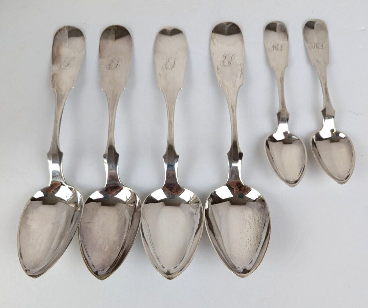 6 Antique 1830s COIN SILVER Spoons William Brady of New York 197 grams