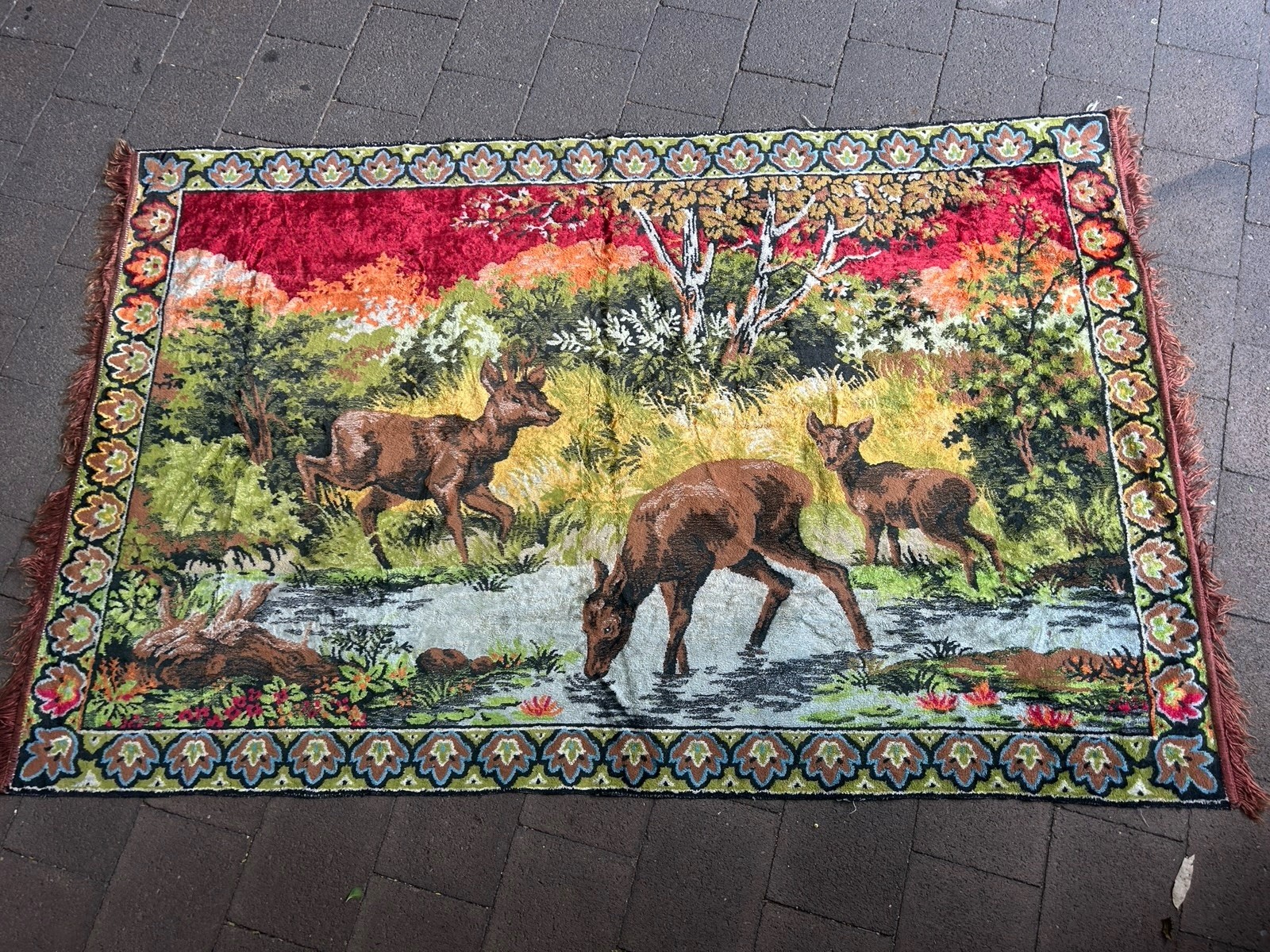 Vintage Tapestry Or Rug Deer In Woods 184cm X 118cm