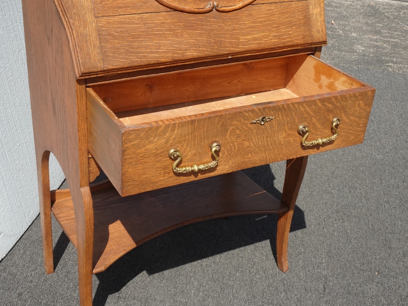 Antique Slant Front Drop Leaf Secretary Desk Quartersawn Oak with Mirror