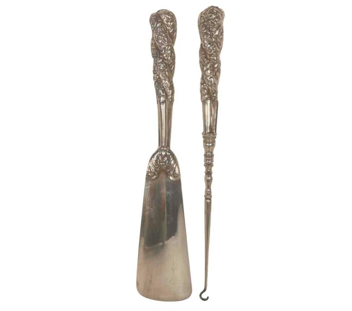 Antique English Victorian Art Nouveau Silver Plated Shoe Horn and Button Hook