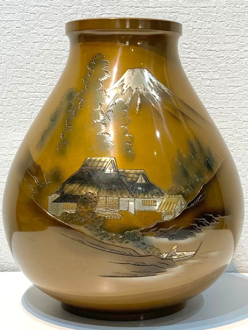 Fuji Mountain Japanese Bronze Vase Vintage Metal Jar Vessel Landscape 10.3 inch
