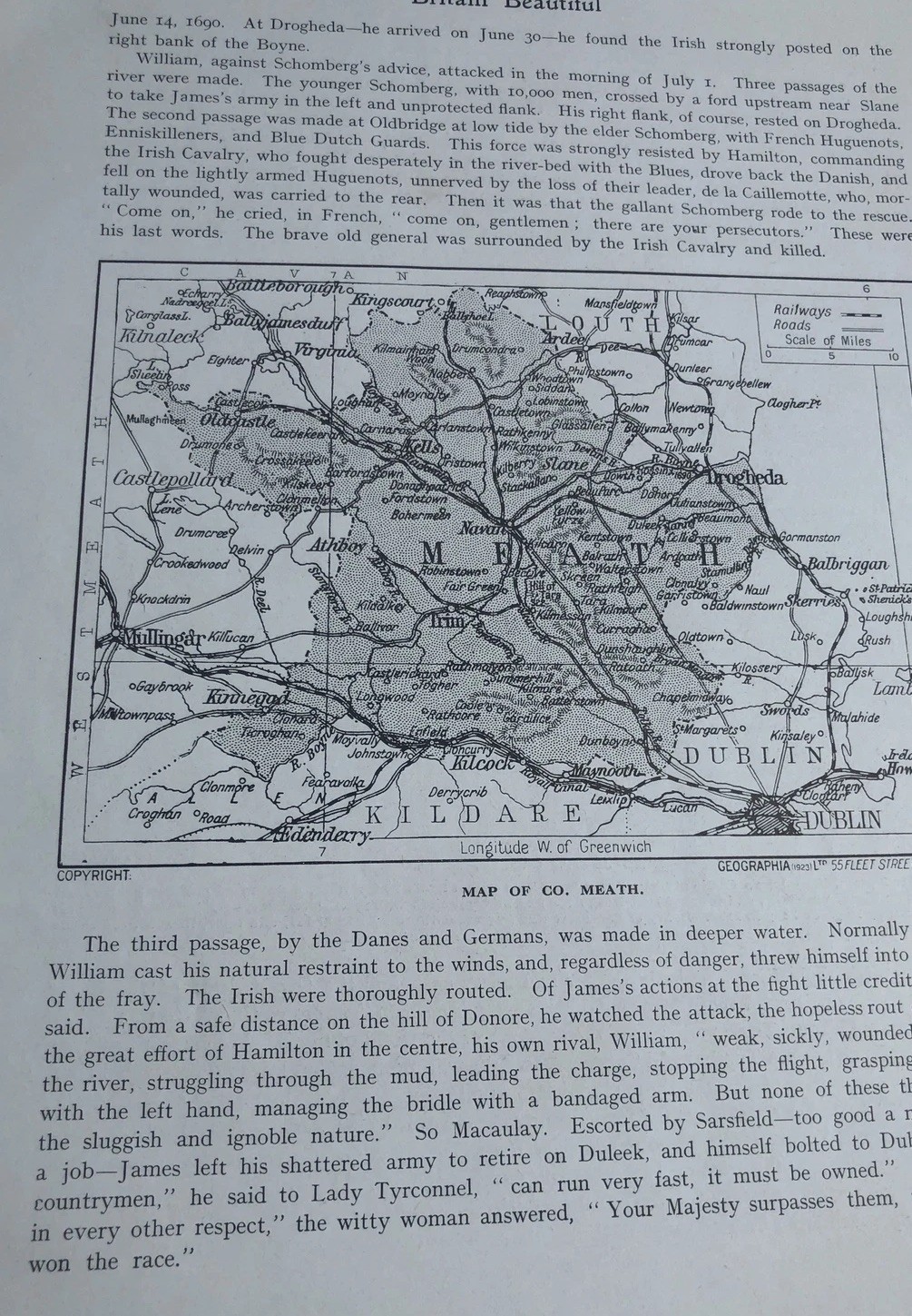 1923: Map Of Meath County Kong John’s Castle Trim Vintage Antique Print C
