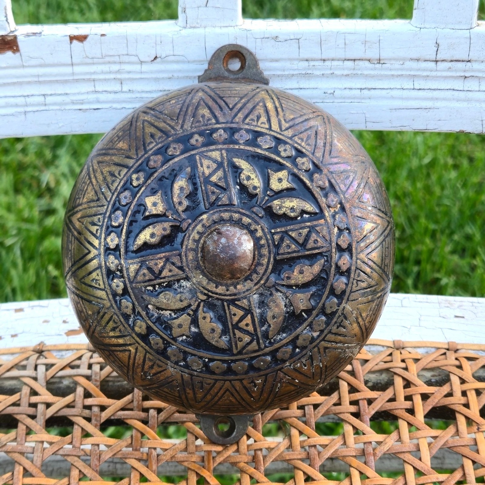 Antique Victorian Ornate Mechanical Doorbell Pat 1879 Cast Iron Eastlake Brass