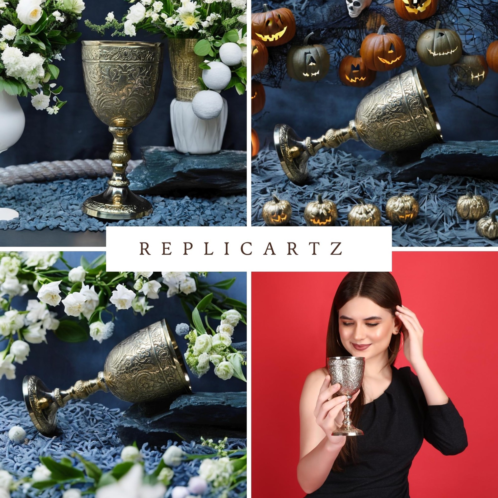 REPLICARTZ Gold Embossed Chalice Goblet – 7.1 Ounces, Brass