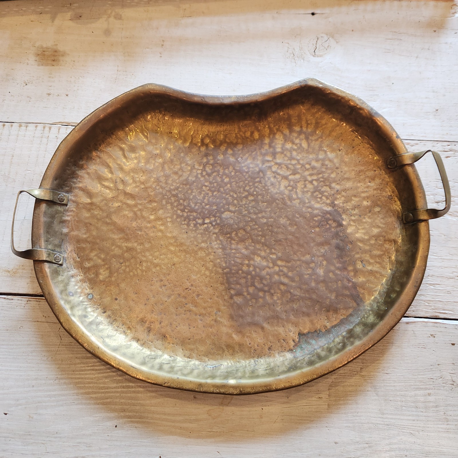 Antique Heavy Hand Hammered Brass Butler Tray Patina Americana