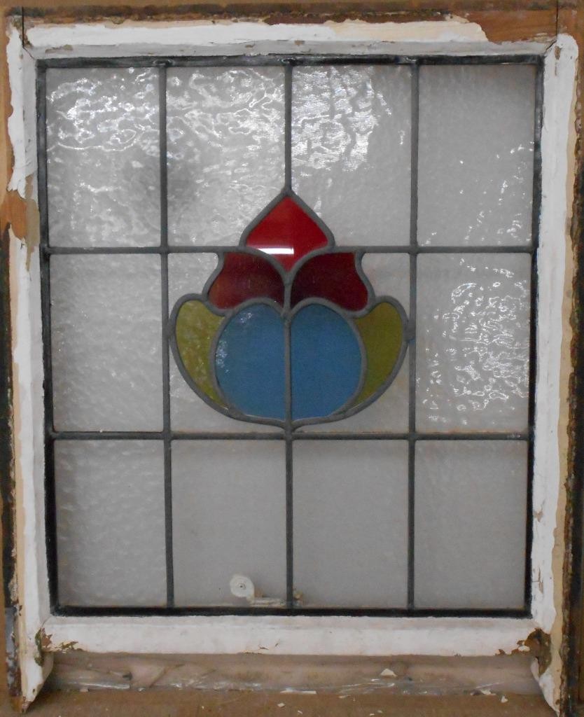 PRETTY FLORAL MIDSIZE OLD ENGLISH LEADED STAINED GLASS WINDOW 22″ x 26 1/2″