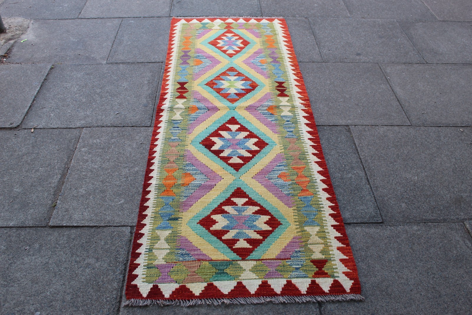 Kilim Vintage Traditional Hand Made Oriental Purpel Wool Kilim Runner 208x74cm