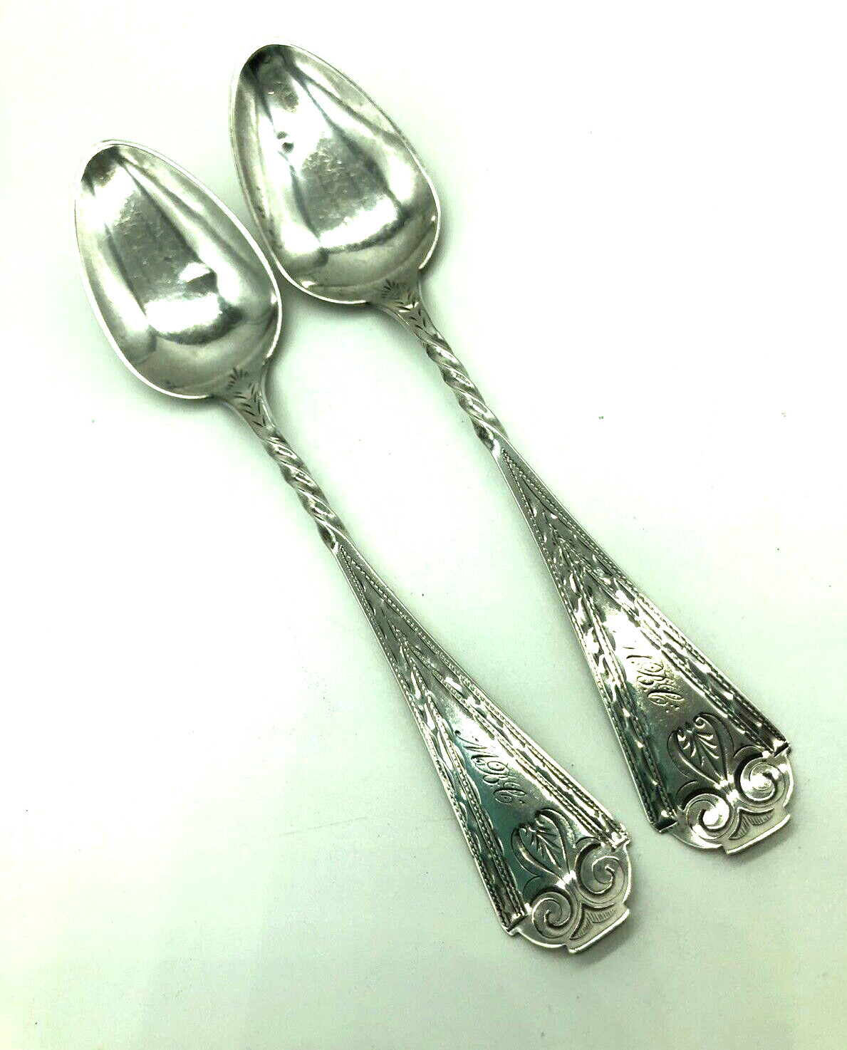 James Watts Philadelphia Teaspoons Coin Silver Two Ornate Etched Twisted Handle