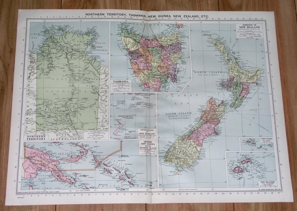 1940 ORIGINAL VINTAGE WWII MAP OF NEW ZEALAND TASMANIA AUSTRALIA NORTHERN TERR.