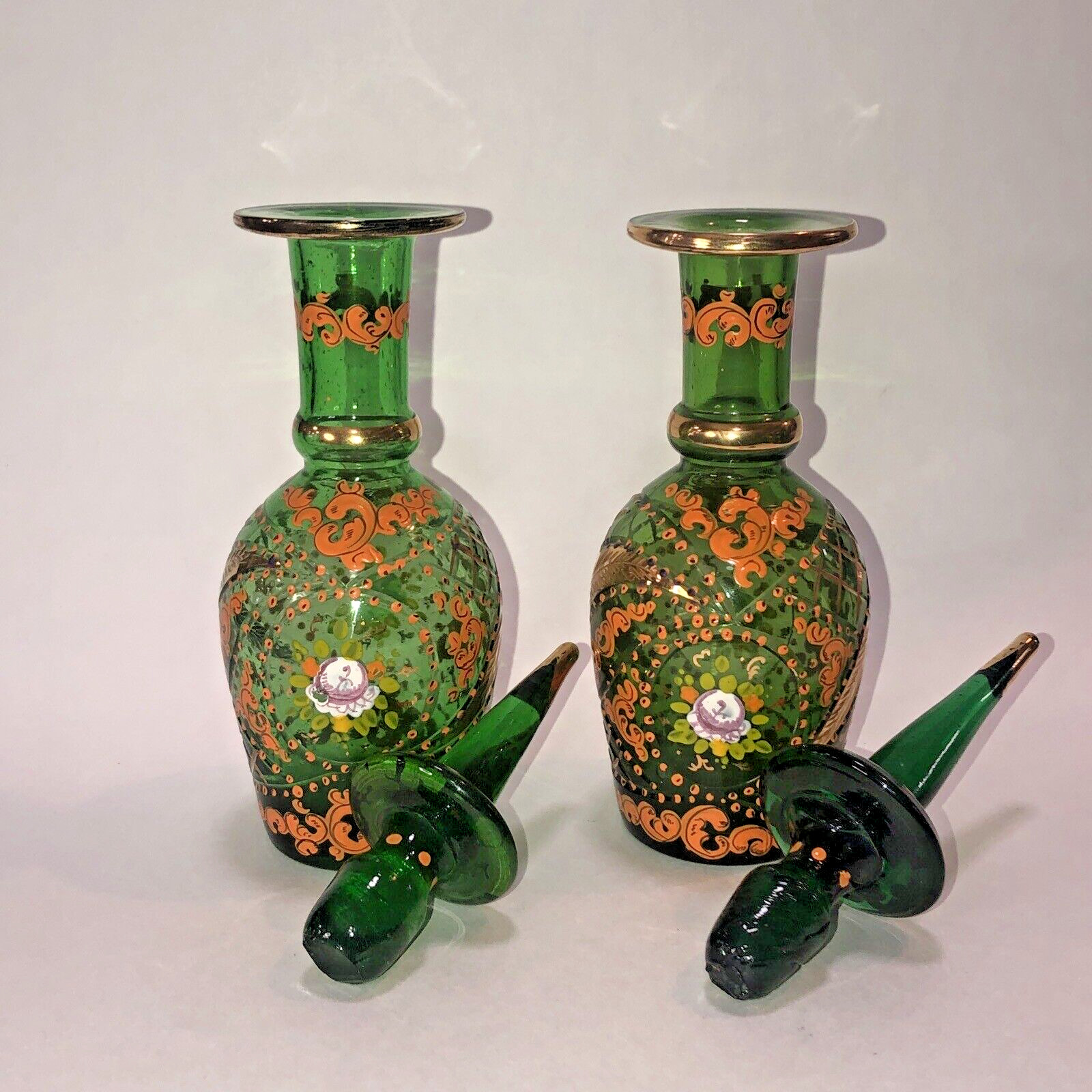 2 Enamored Hand Painted Floral Green Glasses Decanters Middle East 20th Century