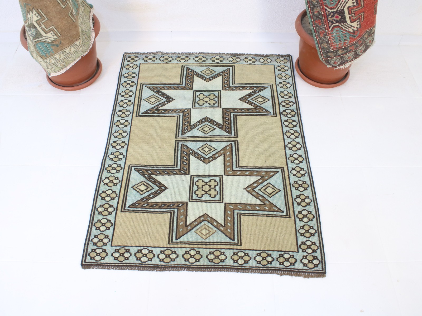 Vintage Turkish Accent Rug 3.0×4.0 ft Brown Blue Wool Area Rug