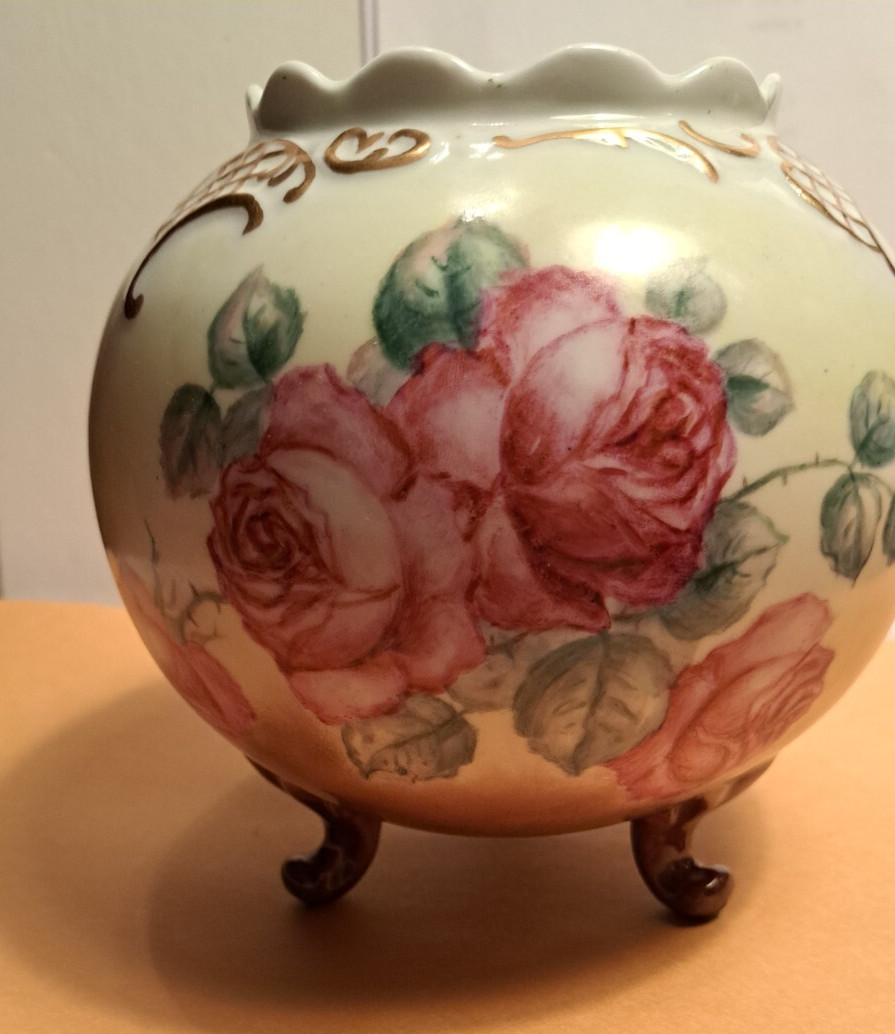 Antique 1907 Vienna Austria Hand Painted Artist Signed Roses Footed Rose Bowl