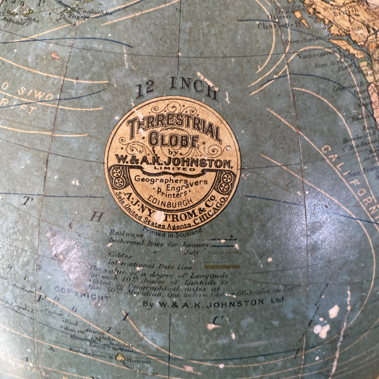 ANTIQUE W & AK JOHNSTON 12 INCH TERRESTRIAL GLOBE ON STAND