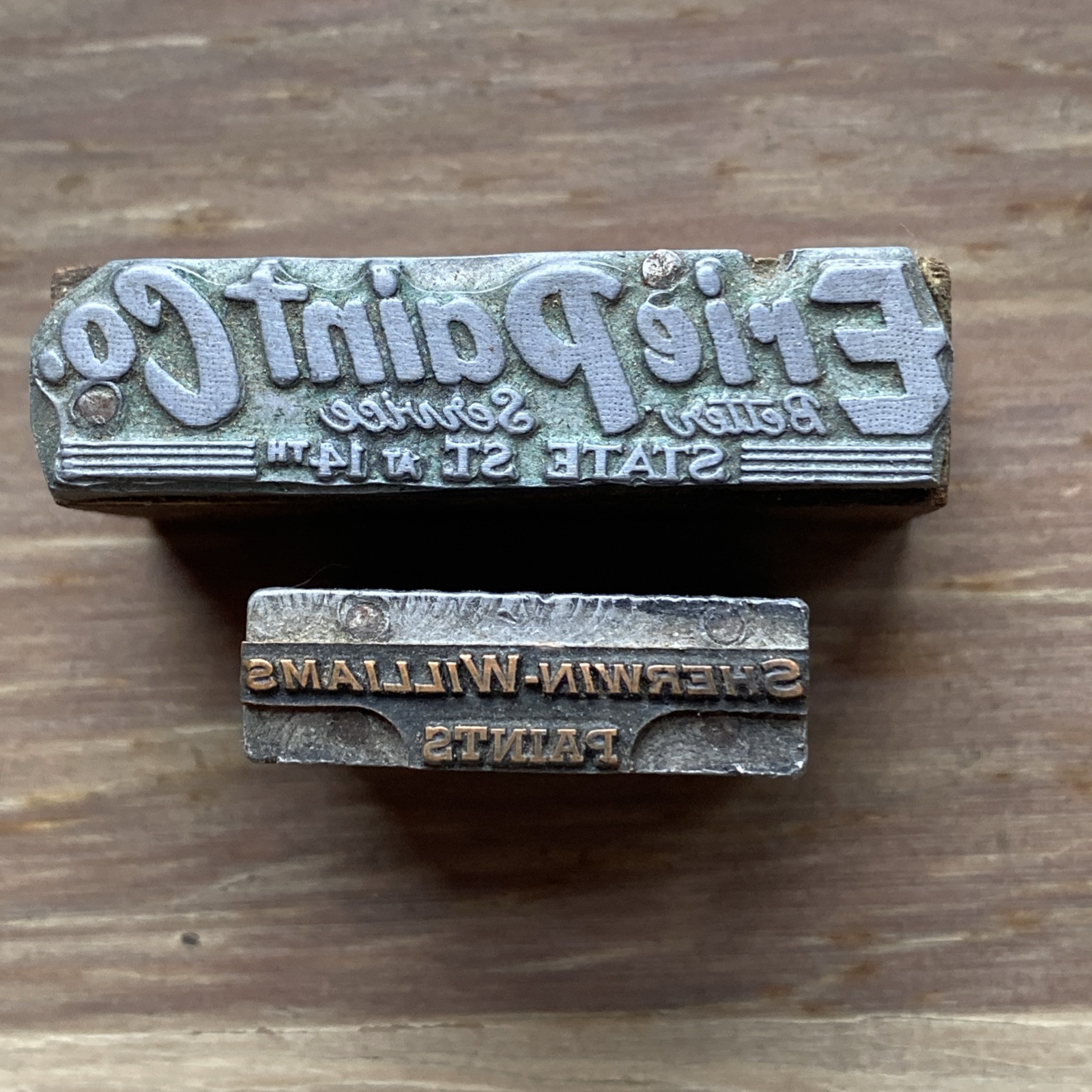 Lot Of 2 Vintage Printing Press Stamps With Paint Company Names Wood And Metal