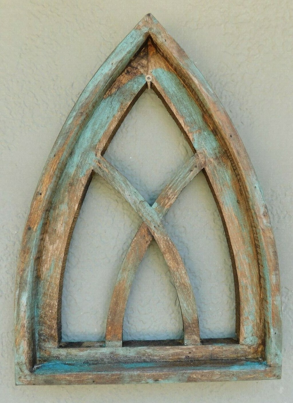 Wooden Antique Style Church WINDOW Frame Primitive Wood Gothic 17 1/2″ Green