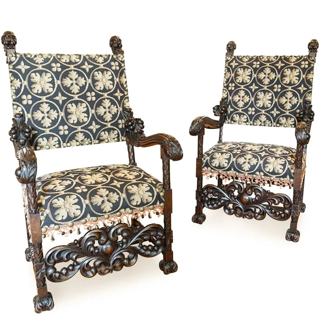 Pair of antique Mediterranean walnut high back chairs