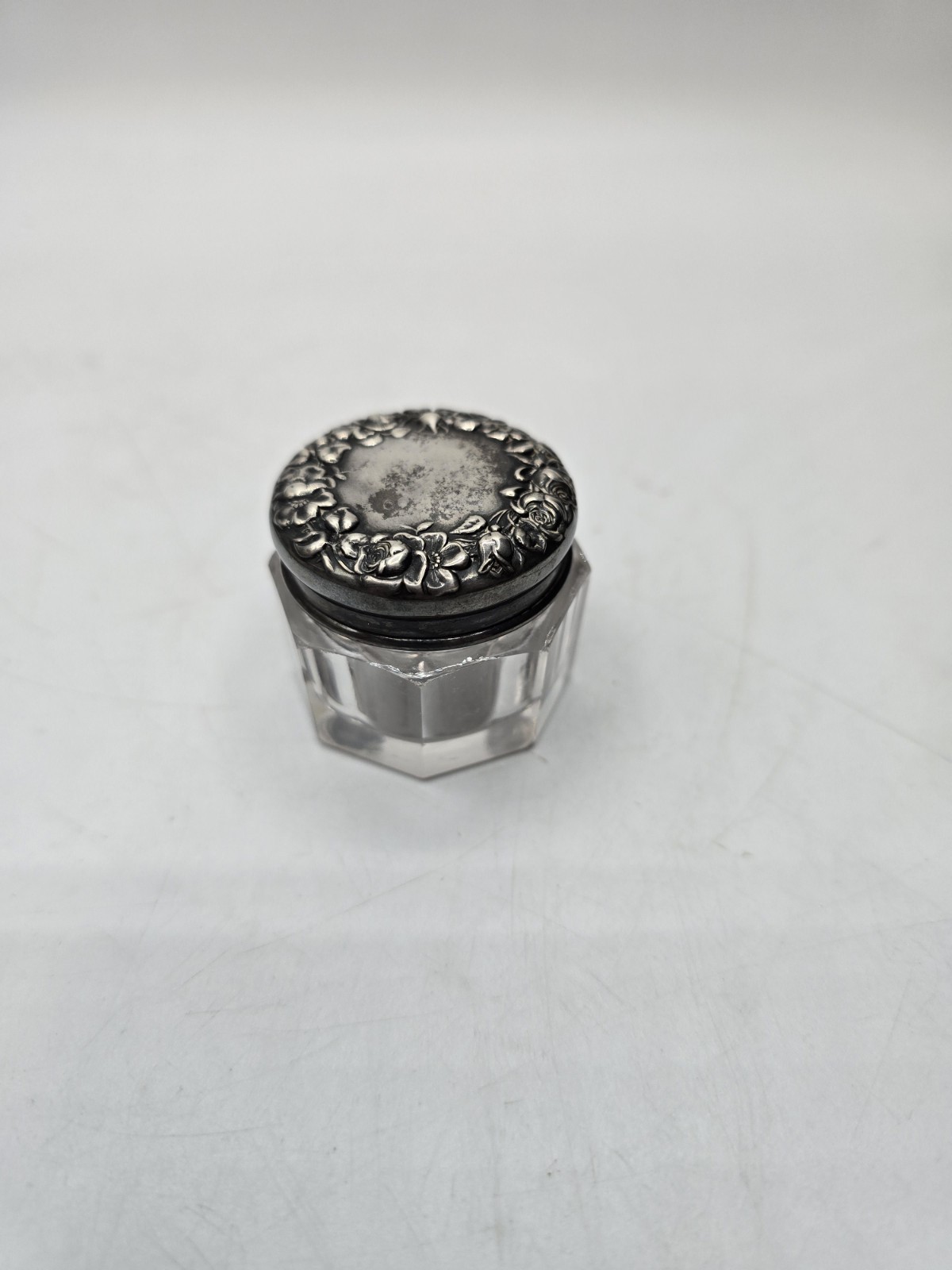 Antique 1890-1920S Cut Crystal Vanity Jar with Sterling Silver Repousse’ lid.