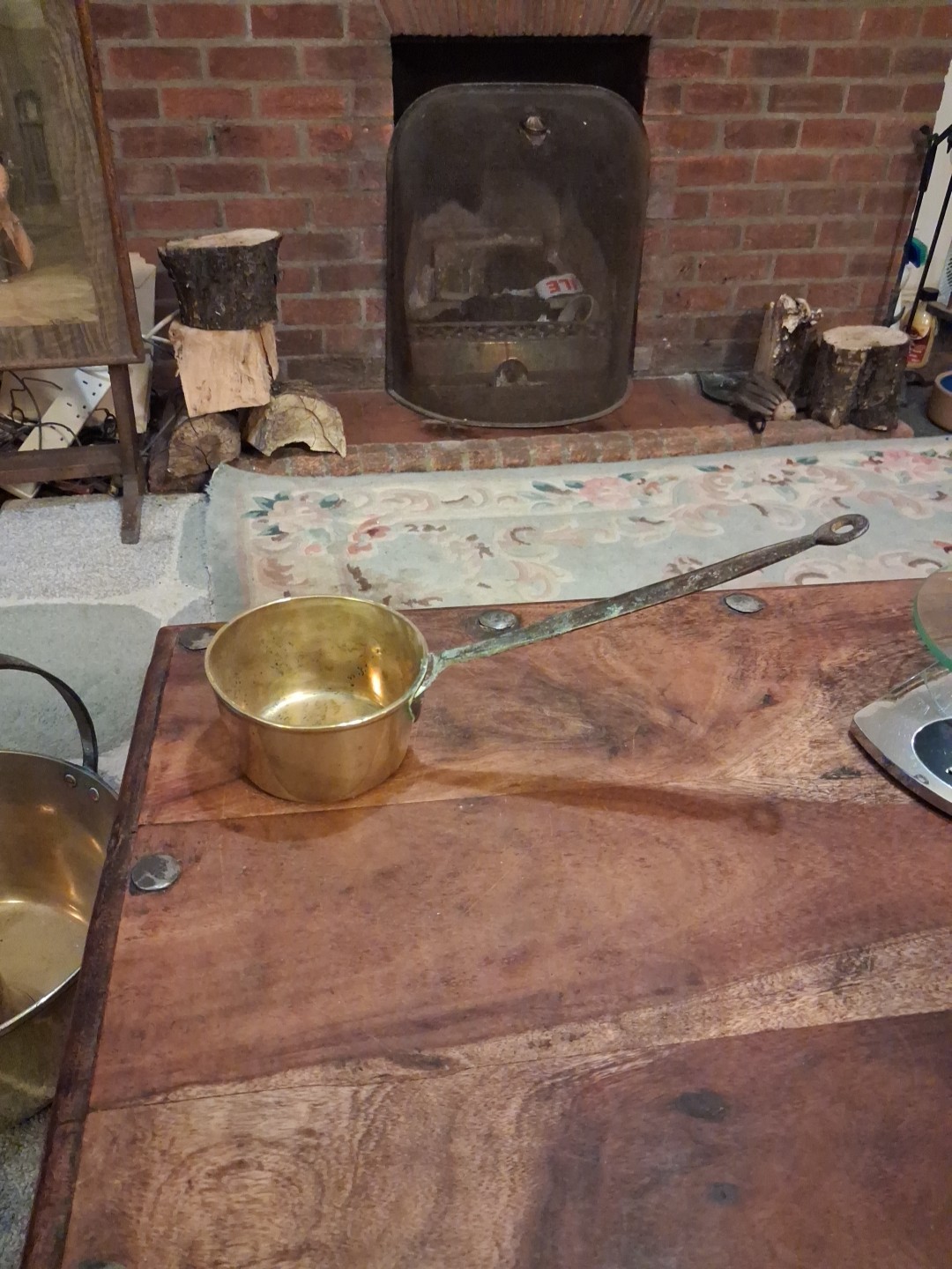 Antique Heavy Forged Brass Cooking Pan Pot Copper Rivets long handled jam prop