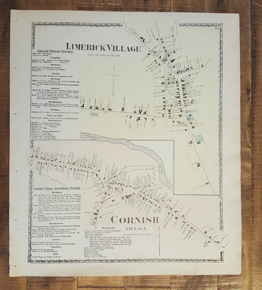 Antique Colored MAP – LIMERICK VILLAGE, MAINE – / Atlas York County, ME – 1872