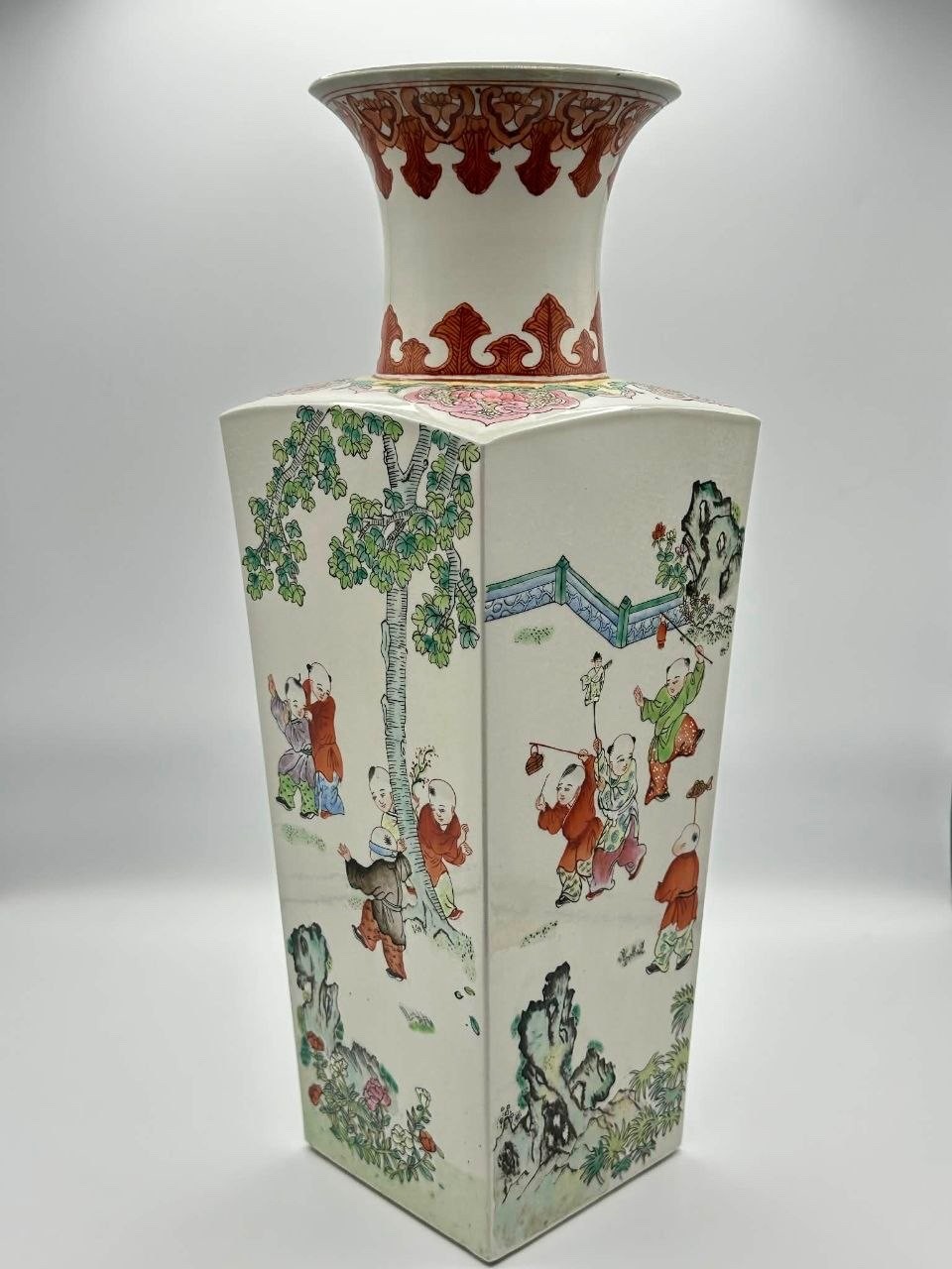 Large 16.5″ Chinese Famille Verte Porcelain Vase – Boys at Play – Square Form