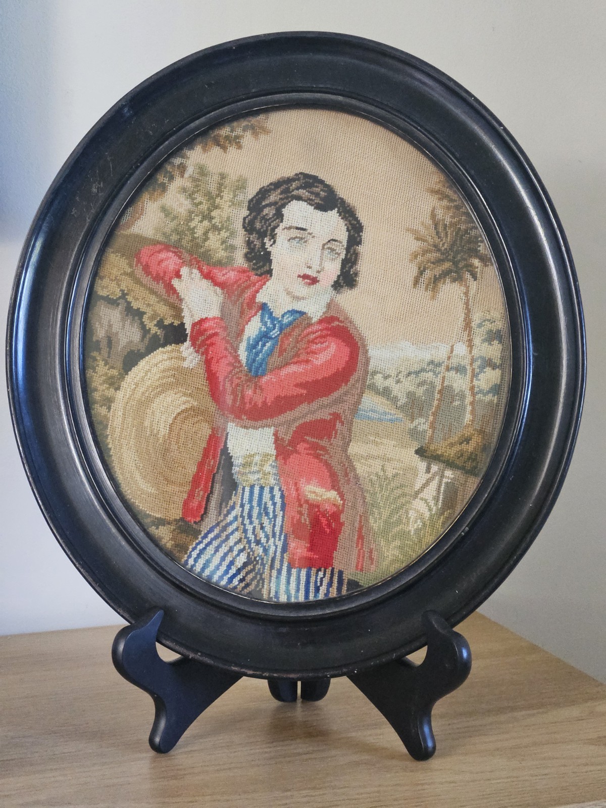 Antique Needlepoint Framed And Glazed In Original Oval Frames 33cm X 30cm #2216