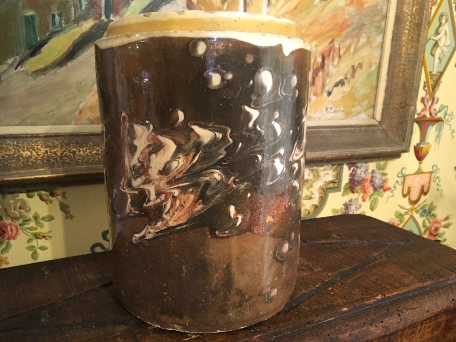 Italian Glazed Earthenware Pottery Pot Container Jar Hand Painted Circa 1870