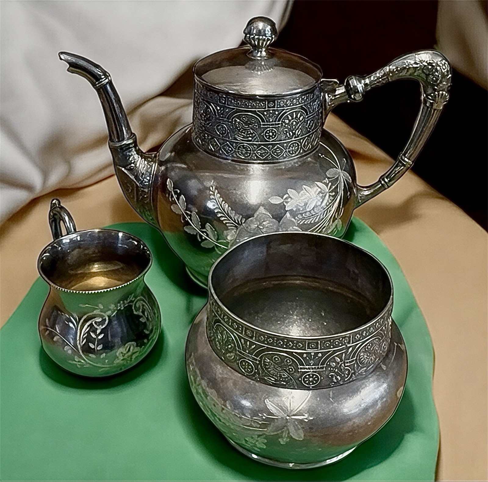Antique 3 Piece Barbour Bros & Co. Silver Plate Tea Set