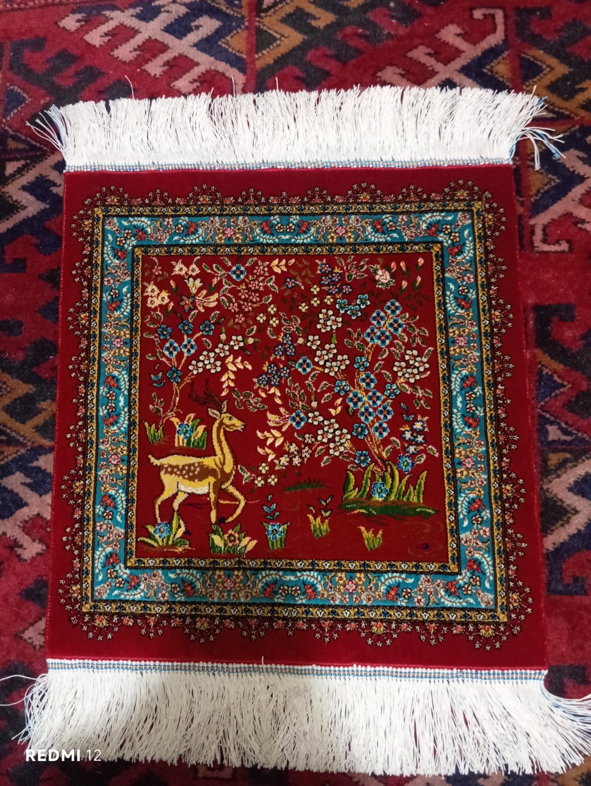 Sherazi Silk Machine Made Rug 1.3×1.3ft Persian Horse Pictorial Black Art Mat